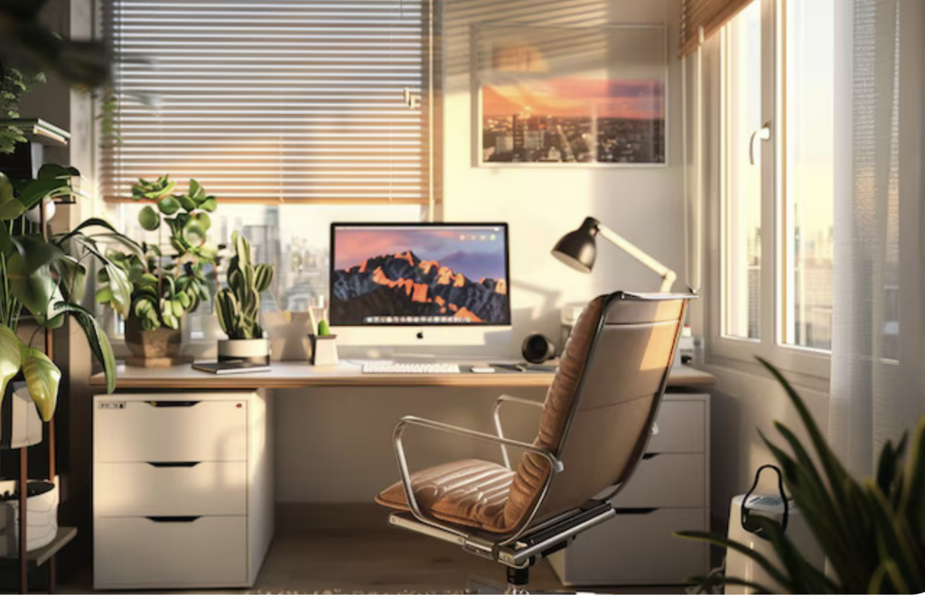 Home office decorated with inspirational artwork, photographs, and plants.